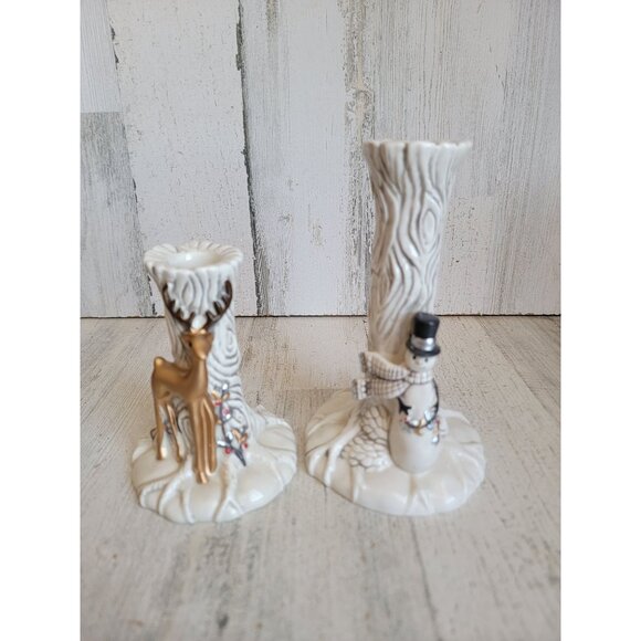 Fitz Floyd wintry Woods candle stick deer snowman holder set reindeer - Picture 1 of 9